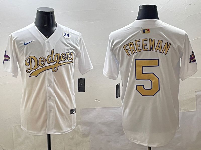Men Los Angeles Dodgers 5 Freeman White Champion gold character 2025 Nike MLB Jersey style 3314